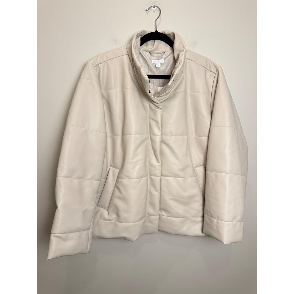 NWT J. Jill Vegan Leather Puffer Jacket Coat‎ XL Petite Neutral Cream White Luxe